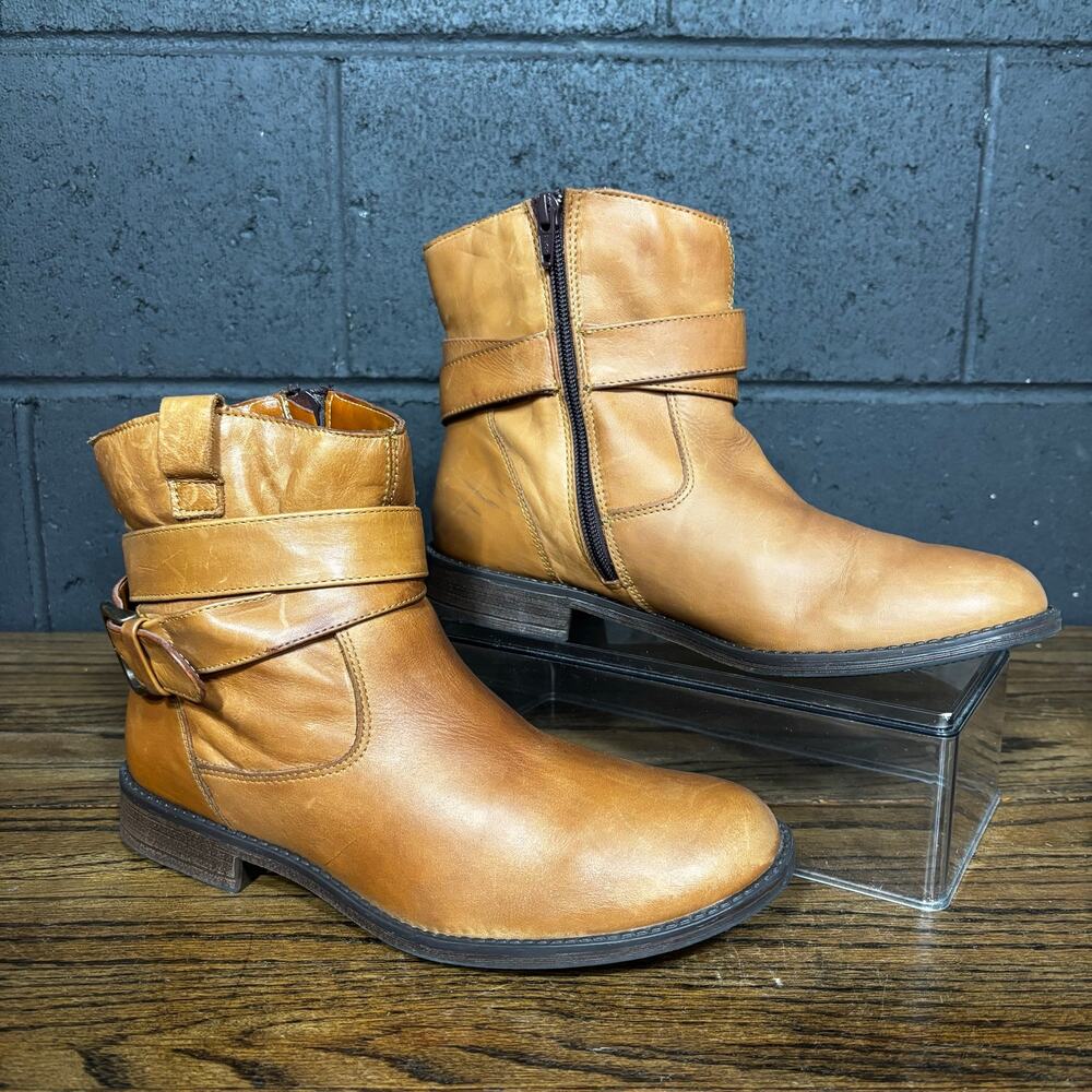 Call It Spring Brown Leather Ankle Boots Buckle Moto Harness Zip Women’s 9